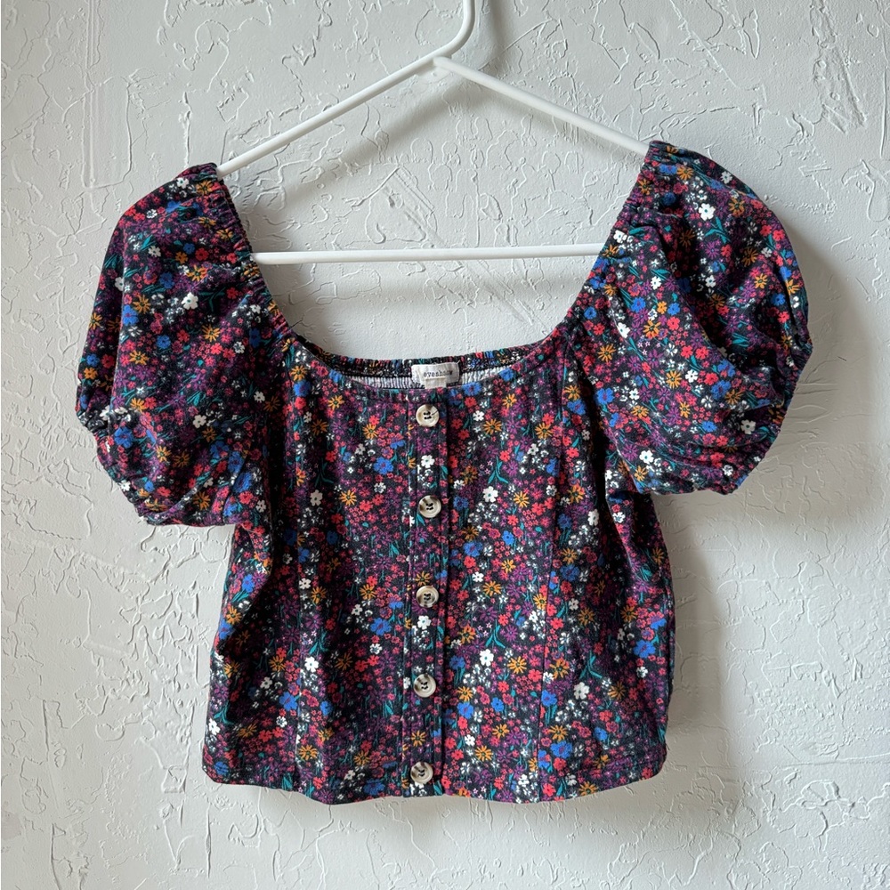 Floral Crop Top Ruched with Buttons Balloon sleeve M